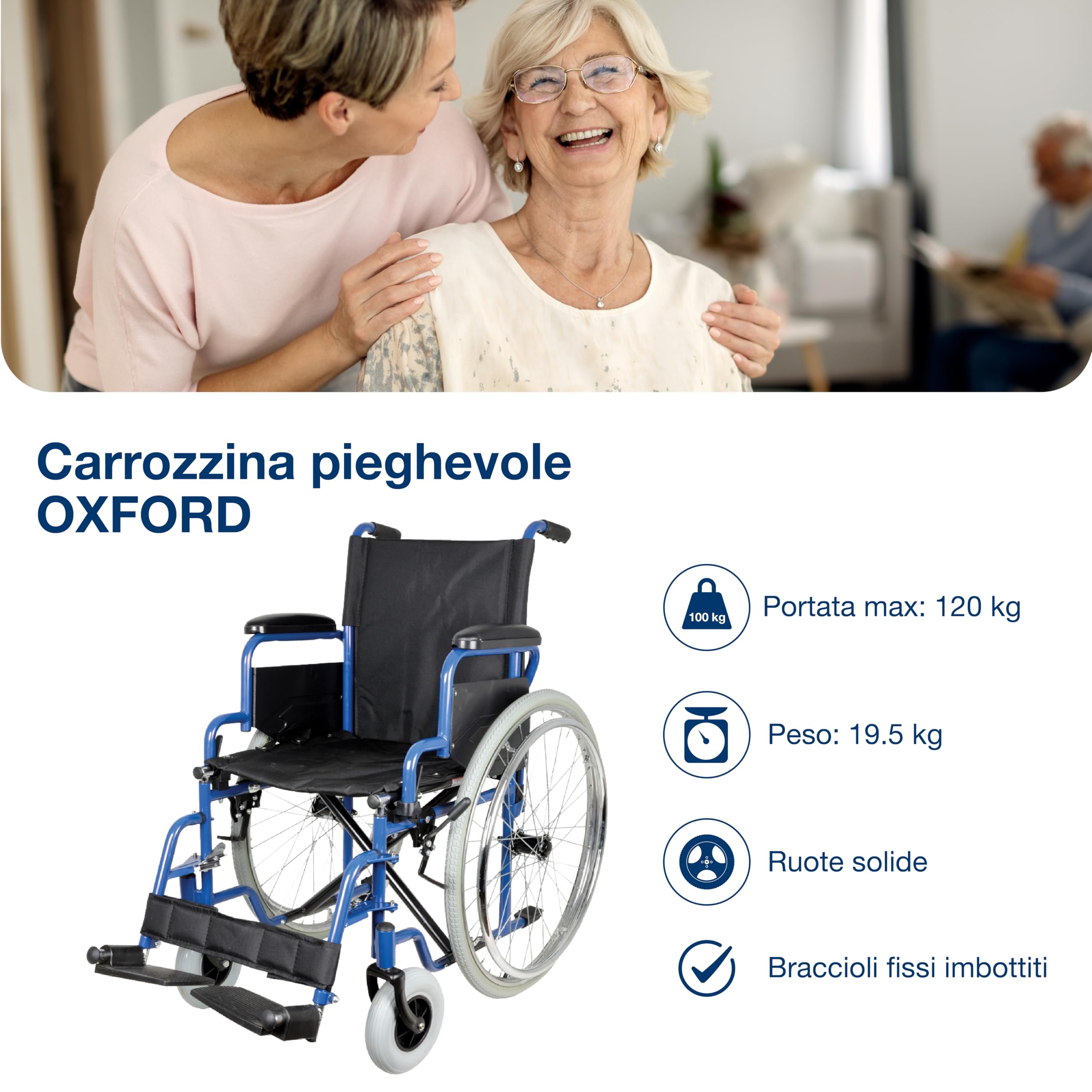 Gima - wózek inwalidzki Oxford, czarny materiał, stalowa rama i hamulce blokujące na tylnych kołach, 46 cm, 43271