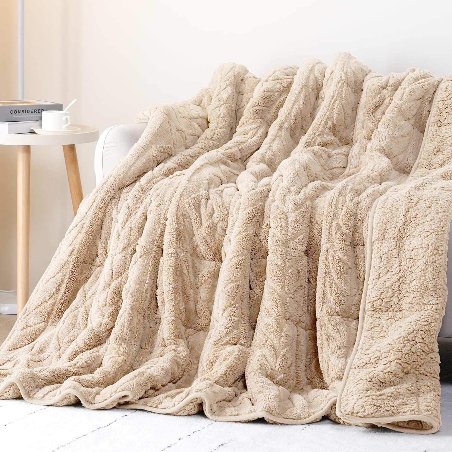 Cottonblue Jacquard Weighted Blanket 15 lbs for Adults Queen Size 60x80in | Ultra Soft Sherpa Fleece Weighted Blankets for Better Sleep Calm Relax, Cozy Warm Sofa Bed Beige Heavy Blanket Throw,Washable