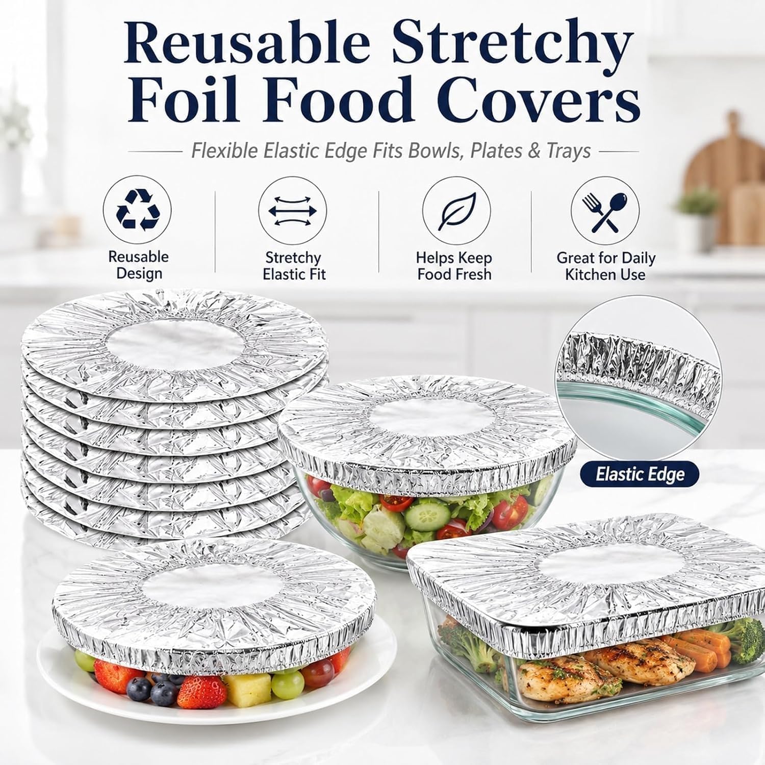 Reusable Aluminum Foil Food Covers, Reusable Elastic Food Storage Covers, Plastic Bowl Covers with Elastic Edging Stretch Plastic Wrap Bowl Covers (50PCS) image 2