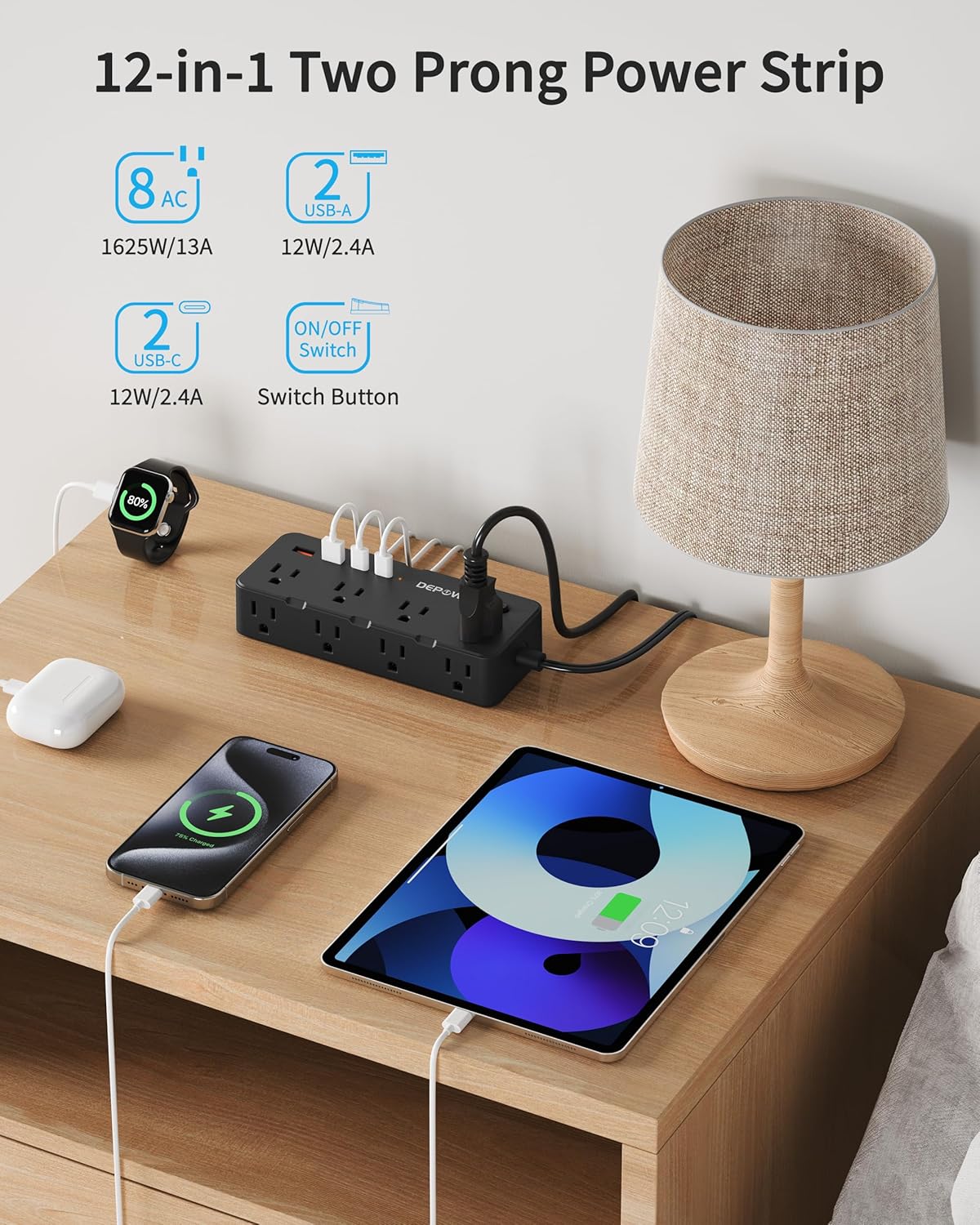 DEPOW 2 Prong Power Strip, 10 FT Extension Cord, 2 to 3 Prong Outlet Adapter with 8 AC & 4 USB Ports (2 USB C), 1700J Two Prong Surge Protector, Wall Mountable, Ideal for Old House (Black)