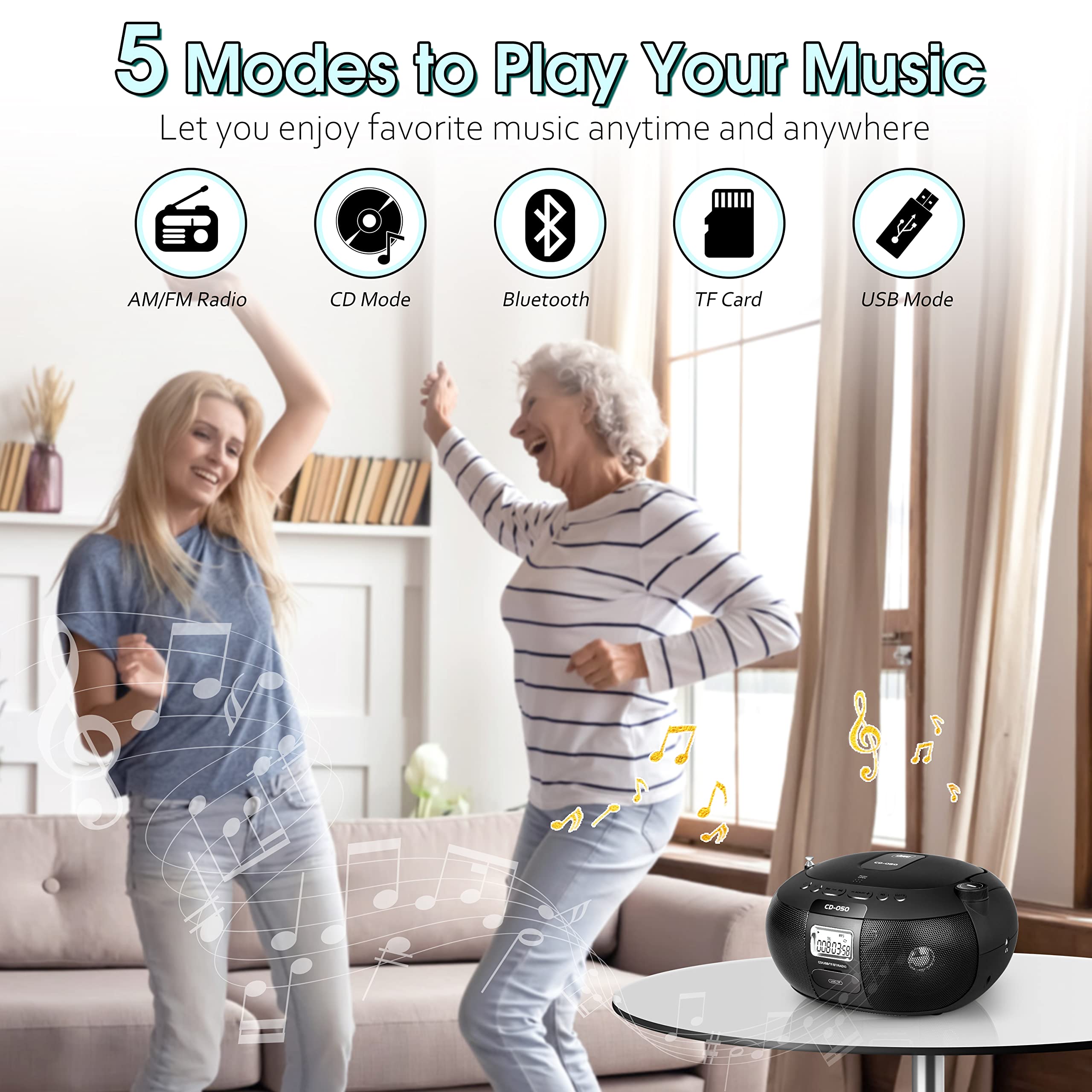 Greadio CD Player Portable Boombox with AM FM Stereo Radio, Bluetooth 5