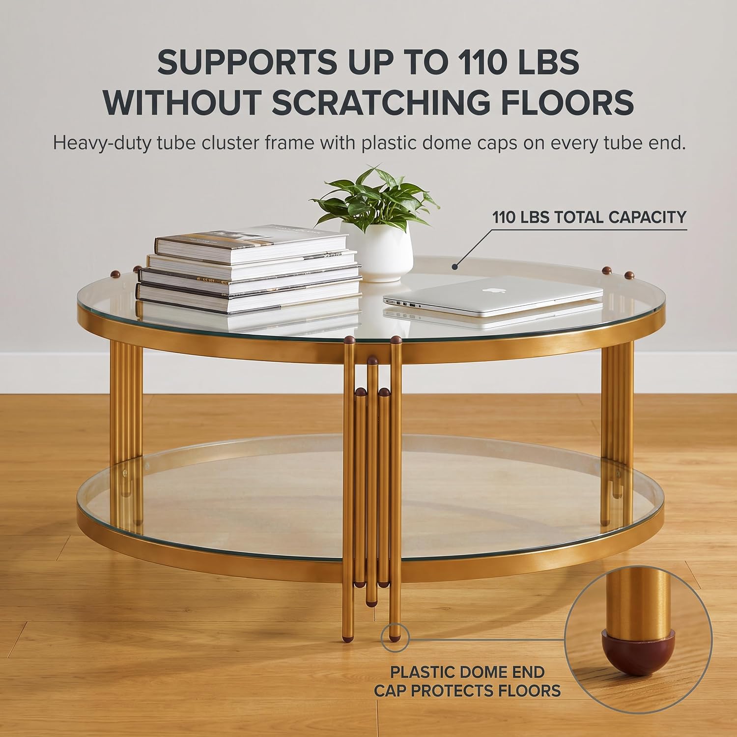 36" Round Glass Coffee Table,Gold Circle Coffee Table with Storage
