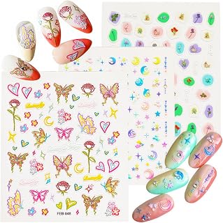 5D Embossed Star Moon Nail Art Decals - 3 Sheets Self-Adhesive Clouds Butterflies Flowers - 3D Stickers for Uas (Colored Dopamine 5D)