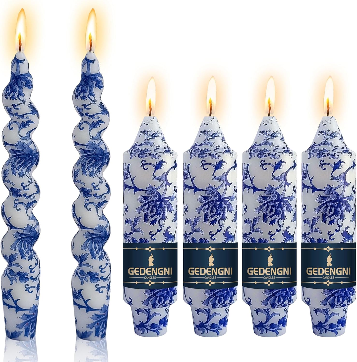 Floral Taper Candle Spiral Candlesticks - Set of 6 Blue and White Handmade Twisted Candle Short Candle Sticks Print Tapered Candles for Home Party Wedding Dinner Party