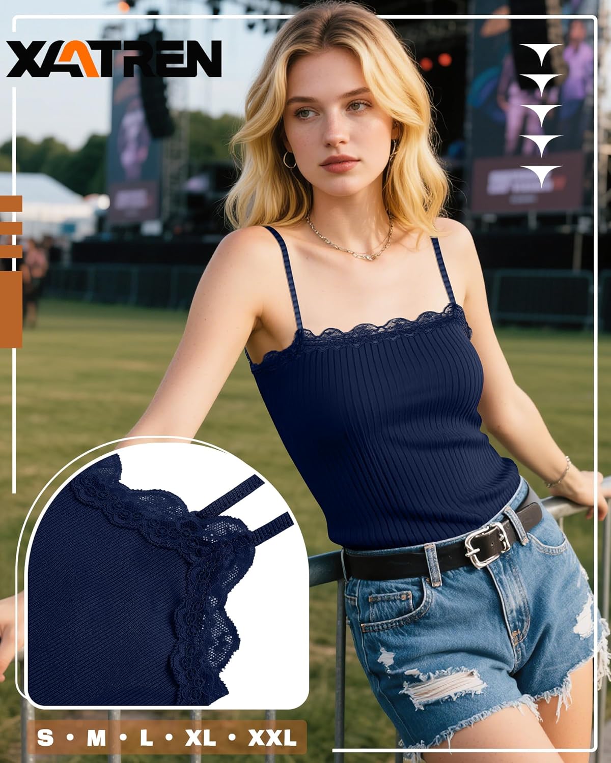 3 Pcs Women's Camisole Tank Tops Lace Trim Boat Neck Ribbed Adjustable Spaghetti Strap Y2K Slim Tight Cami Shirts(Black, Navy Blue, Wine Red,Large) - Image 3