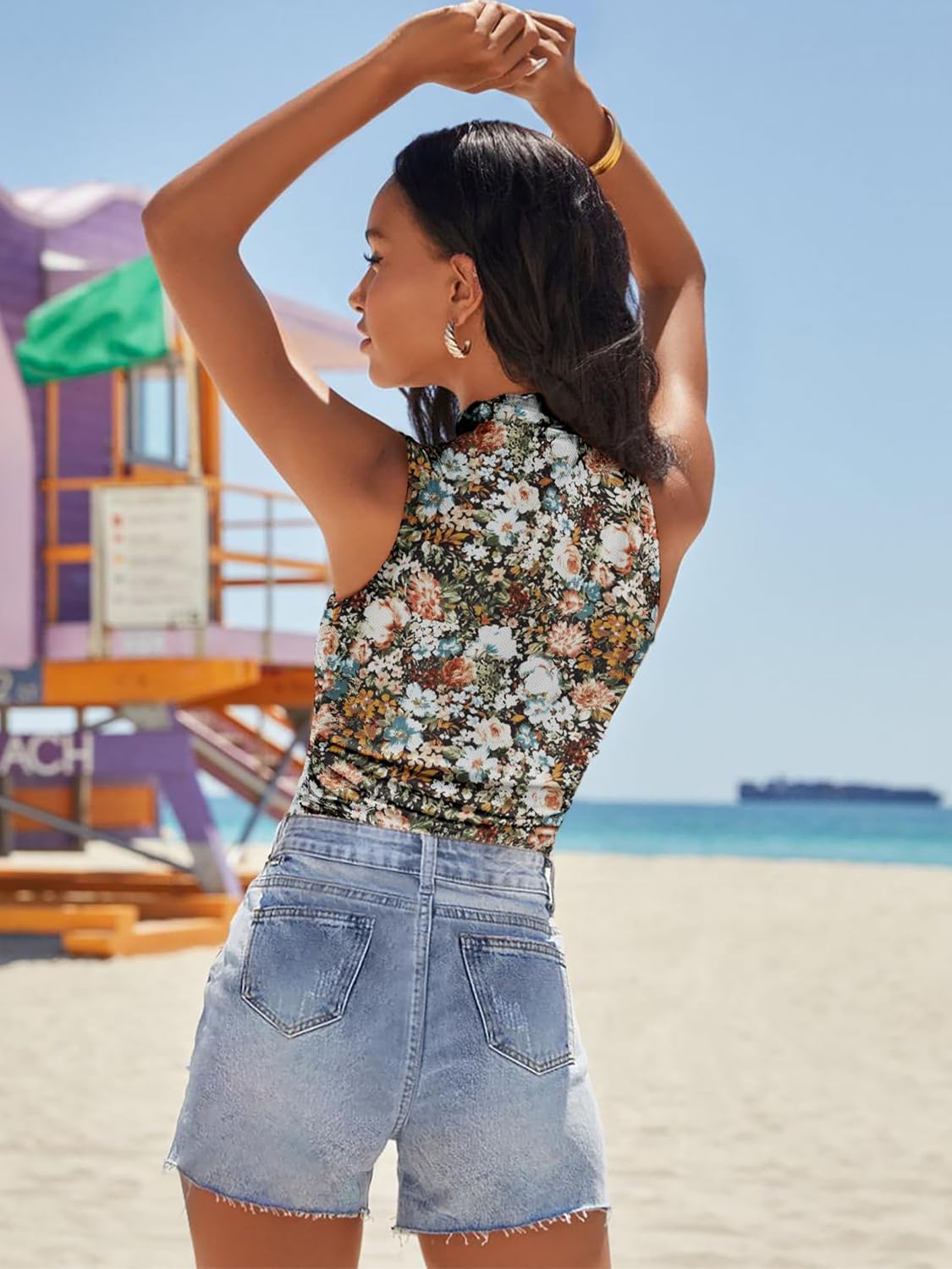 Women's Mesh Floral Tank Tops Sleeveless Mock Neck Sexy Going Out Shirts 2025 Trendy Summer Casual Outfits - Image 4