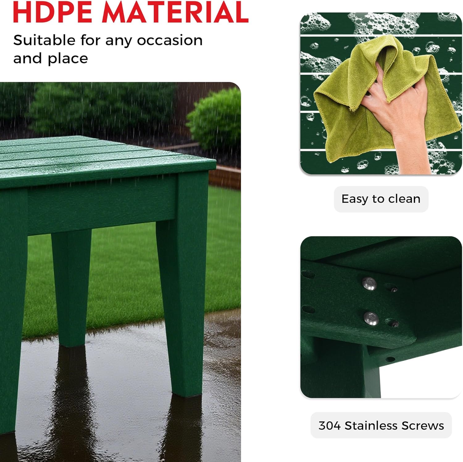 Costaelm Outdoor Patio Table and Chairs Set of 2, 2-Piece HDPE Garden Chair with Square Adirondack Side Table Set, Porch Chairs Coffee Table for Outside Porch Backyard, Dark Green