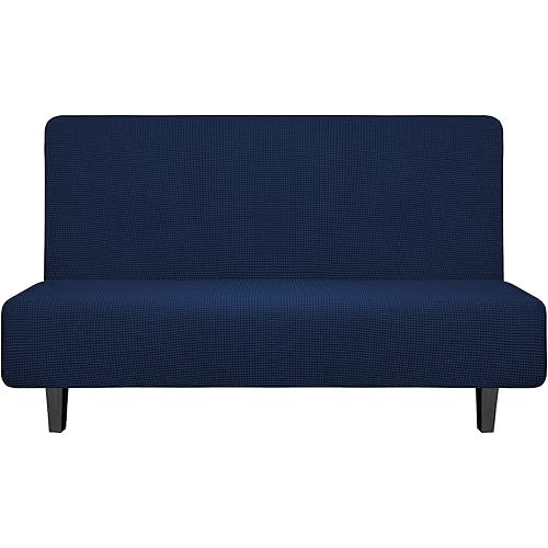 Easy-Going Stretch Futon Slipcover Armless Futon Bed Cover Furniture Protector Without Armrests with Elastic Bottom for Kids, Soft Jacquard Fabric Small Checks (Medium, Navy)