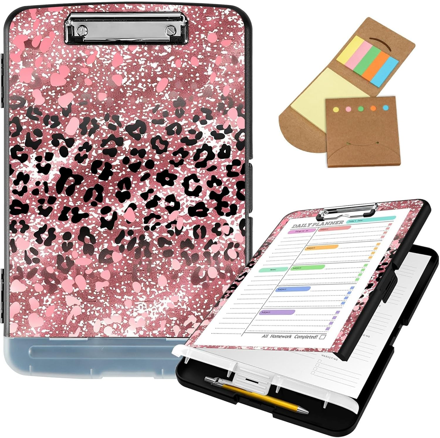 Clipboard with Storage,8.5x11 High Capacity Nursing Clipboards with Pen Holder and Low Profile Clip,A4 Plastic Storage Clipboard for Nurses,Teachers,Lawers,Pink Glitter Cheetah