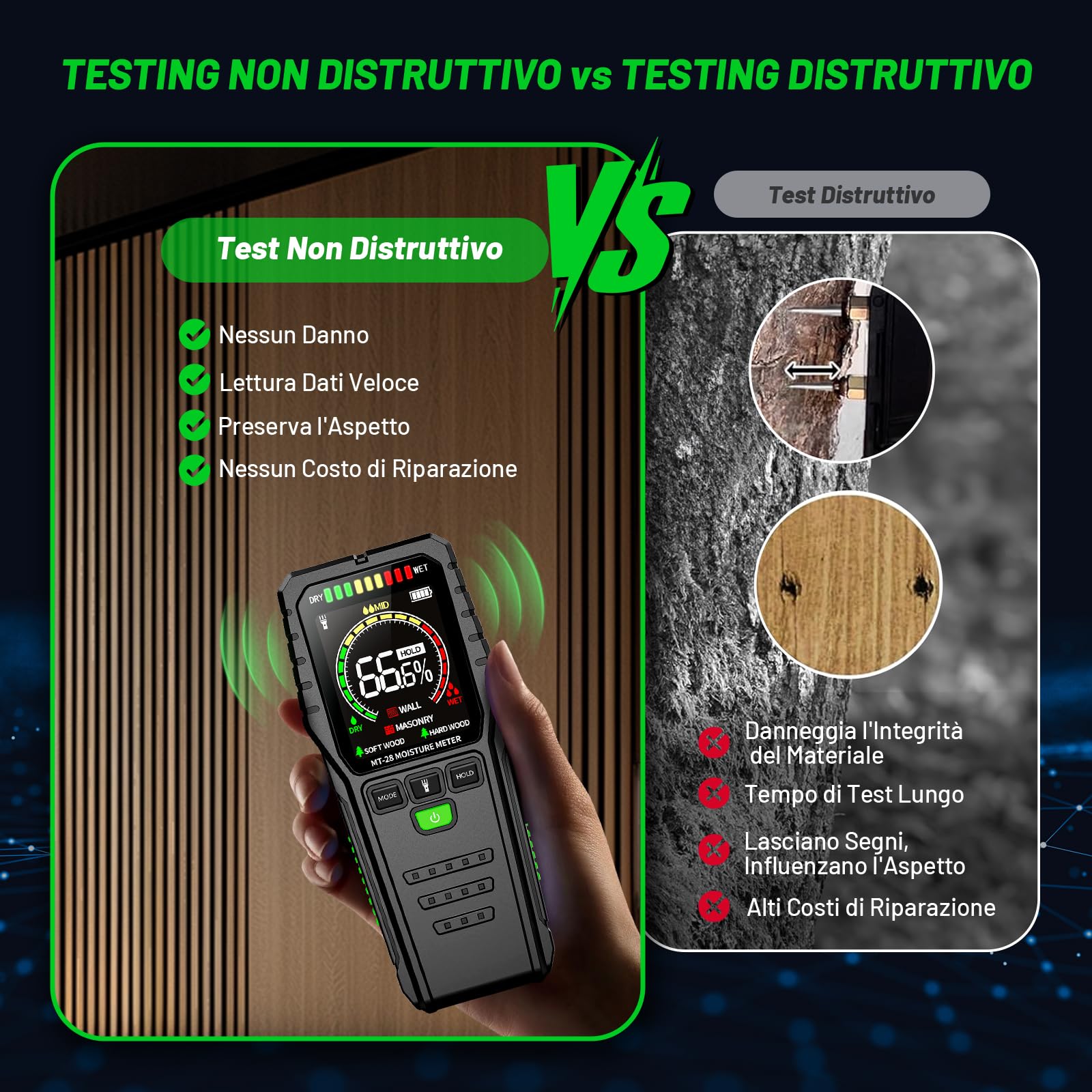 Misuratore e Rilevatore Umidità per Muri, Legno e Materiali da Costruzione, non Distruttivo con Display LCD e Allarme Sonoro