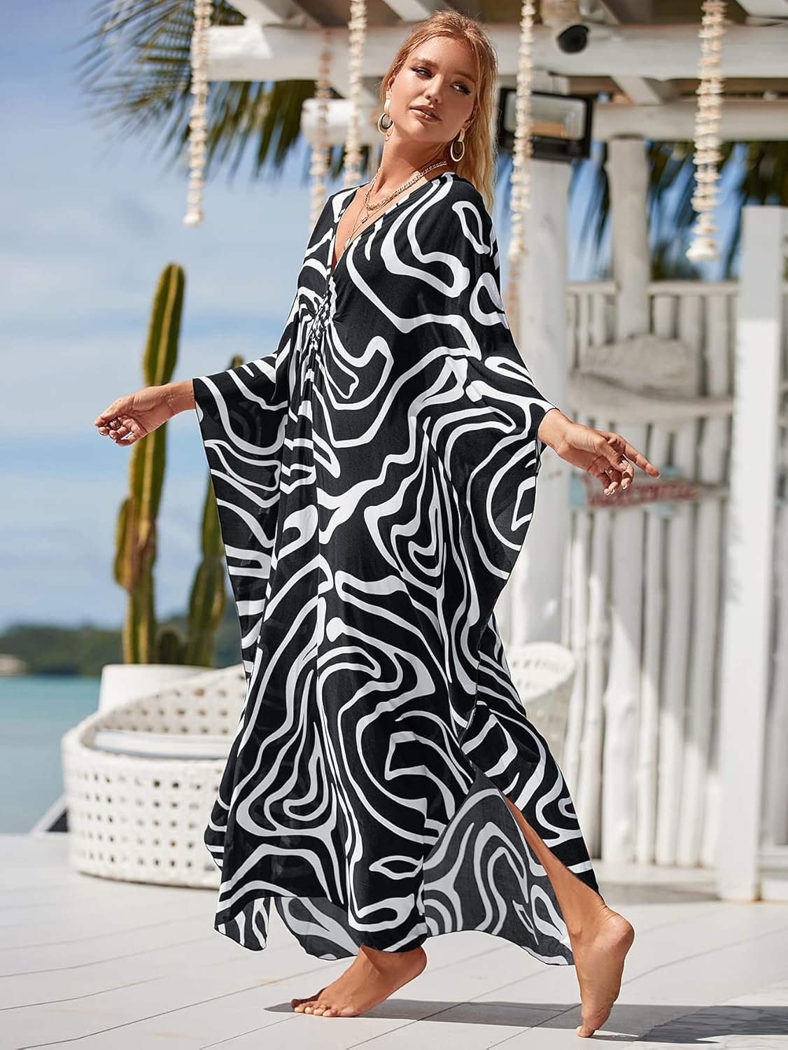 Kaftan Dresses for Women Plus Size Lightweight Swimsuit Cover up Batwing Sleeve Print Loungewear Beach Robe - Image 5