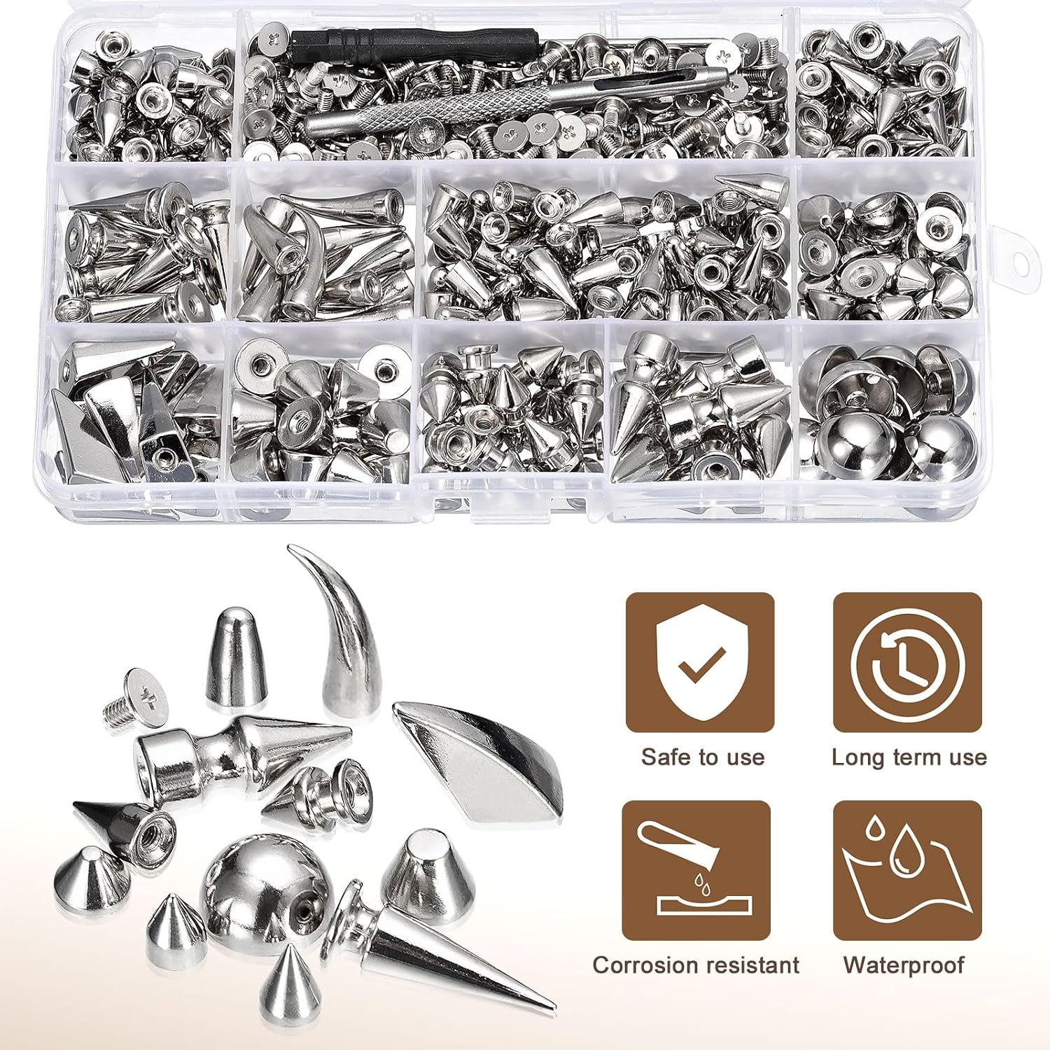 uxcell 270 Sets Mixed Shape Studs and Spikes, 13 Sizes Cone Spikes Studs Rivet Leather Rivets Kit with Install Tools for Leather Craft Clothing Shoes Belts Bags, Silver