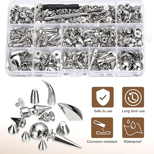 Miniatura 3 de uxcell 270 juegos de tachuelas y picos de forma mixta, 13 tamaños de clavos de cono remaches de cuero con herramientas de instalación para cuero,