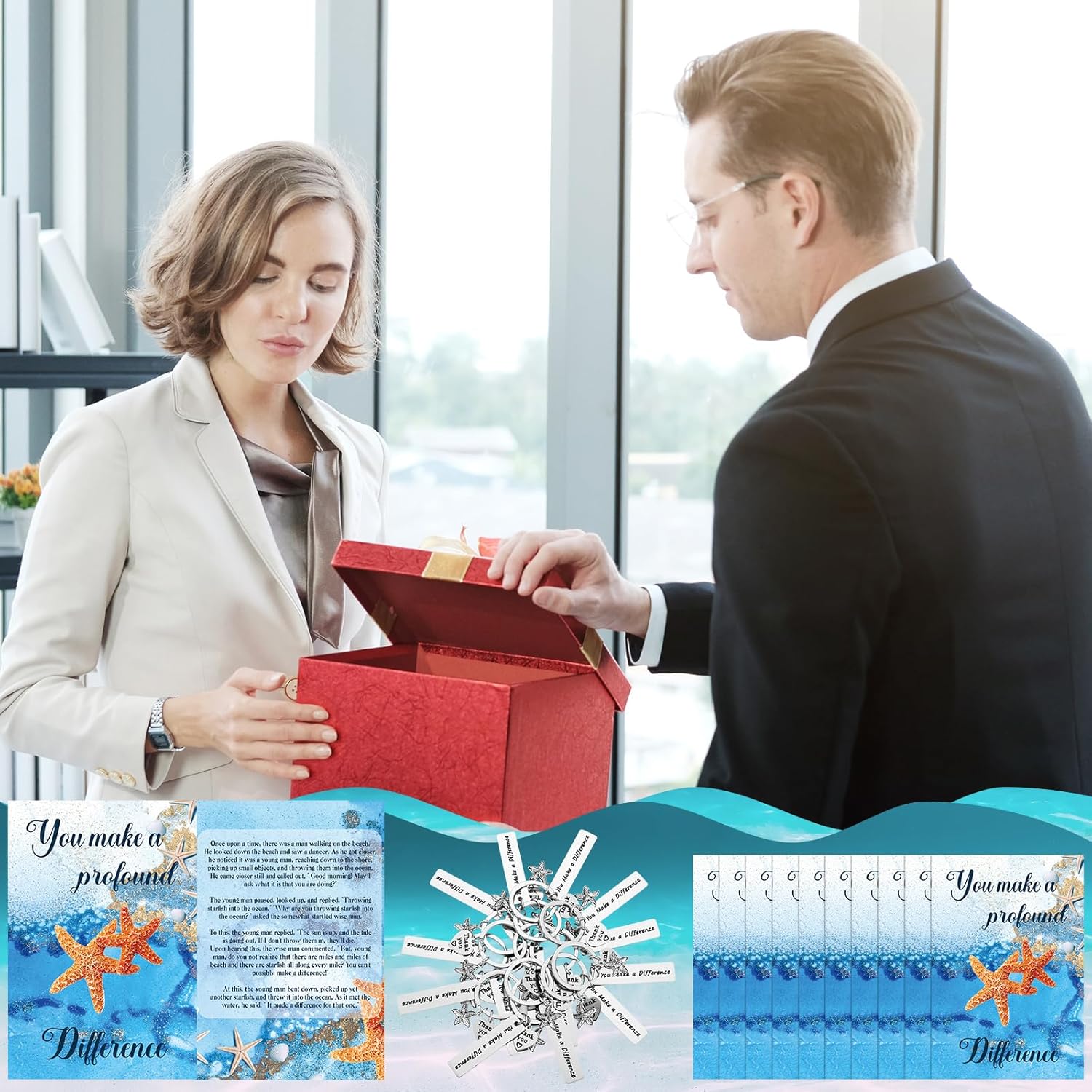 Gersoniel 30 Sets Starfish Story Gifts Bulk Employee Appreciation Gifts Thank You Staff Valentines Sea Gift Include Mini Keychain Charms Notecards Drawstring Bag for Coworker Volunteer(Elegant Style)