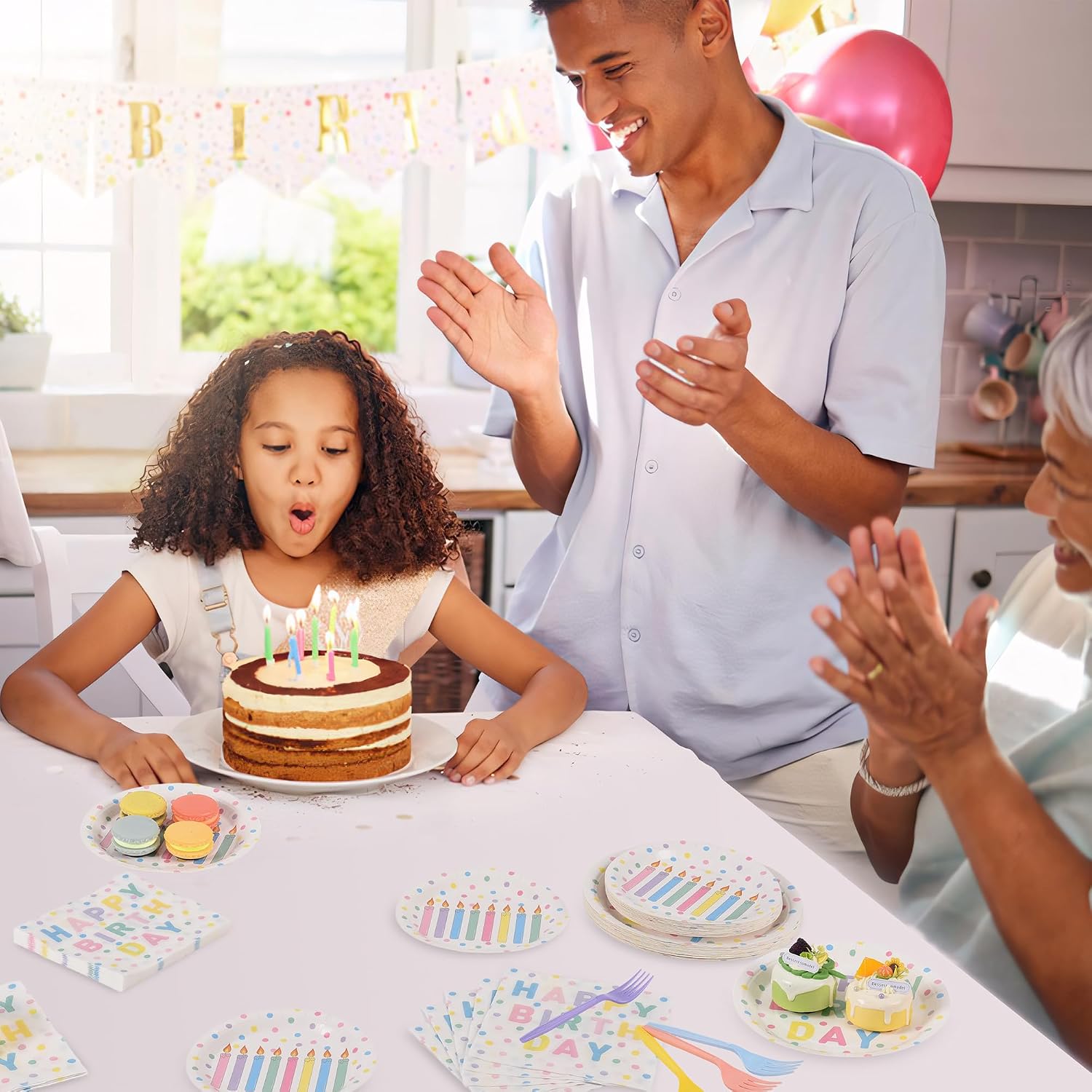 96 Pcs Pastel Birthday Party Supplies Disposable Tableware Set with Colorful Dot Design Include Paper Plates and Napkins Plastic Forks Pastel Birthday Decorations, Serve 24 Guests
