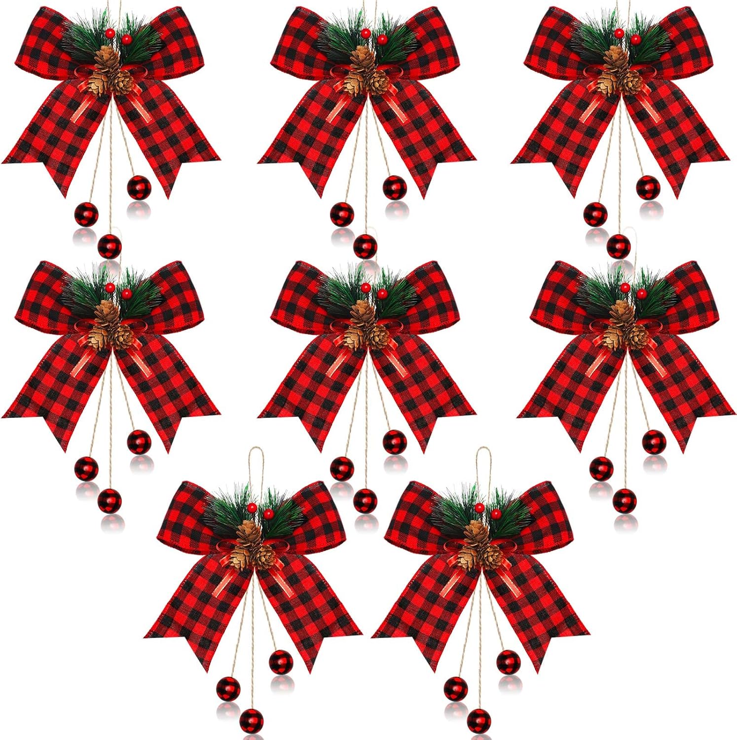 Xinnun 8 Pieces Christmas Buffalo Plaid Bows with Pine Cones Pine Needles Xmas Plaid Bow Ribbon Christmas Tree Wreath Decoration for Holiday Parties DIY Crafts Home Decor Indoor Outdoor (Red,Black)