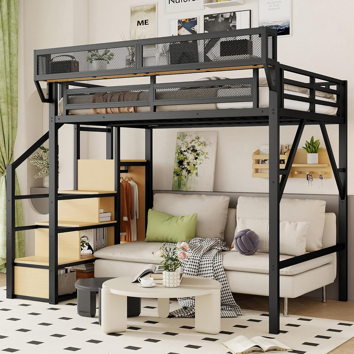 Full Size Loft Bed with Staircase, Metal Loft Beds with Storage Shelves & Wardrobe, High Lofted Bed Frame, loft Tall Bed for Boys Girls and Teens, No Box Spring Needed (Black)