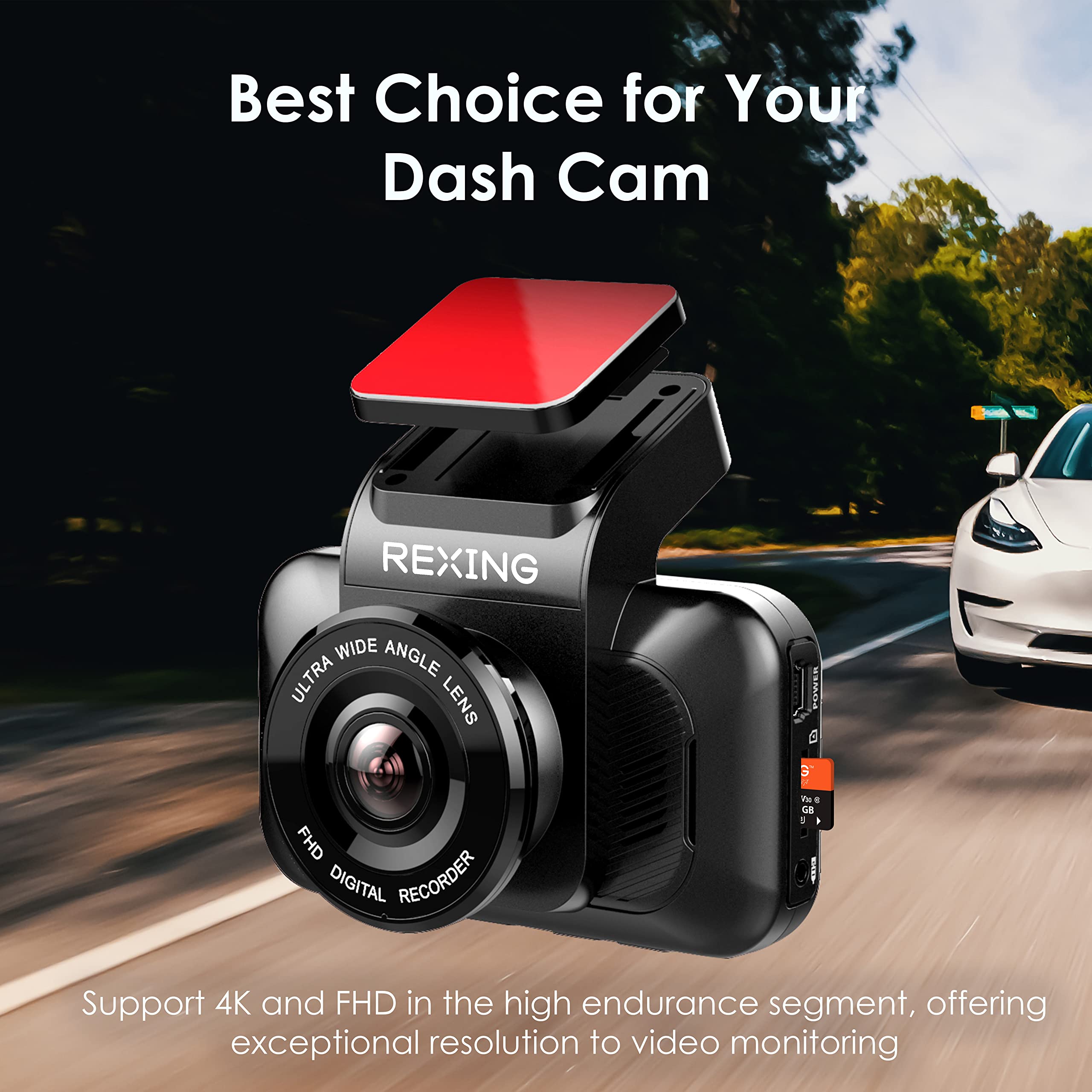 RexingUSA Scheda SD da 64 GB microSDXC UHS-3 4K Full HD per monitoraggio video ad alta velocità, con adattatore per dash cam, sistema di sorveglianza, telecamera di sicurezza e body cam