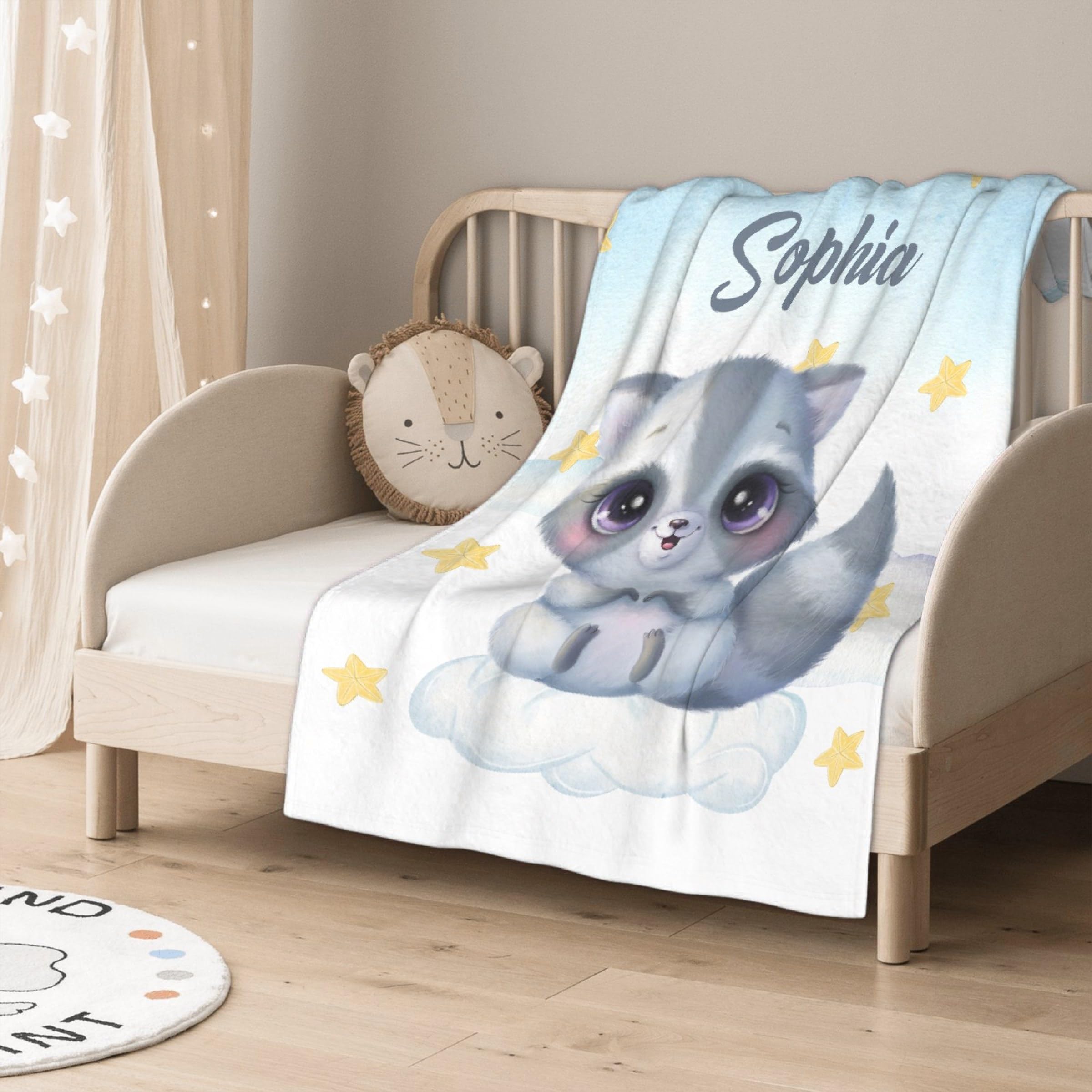 Personalized Baby Blanket With Name - Soft Blue Raccoon Design Fleece Blanket
