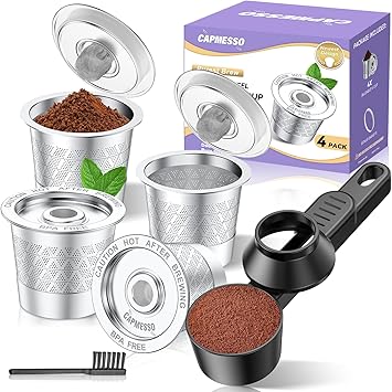 CAPMESSO Reusable K Cups with Coffee Scoop Upgraded Dual-Mesh Reusable Coffee Pods for Richer Coffee NO Grit - Universal Stainless Steel Filter