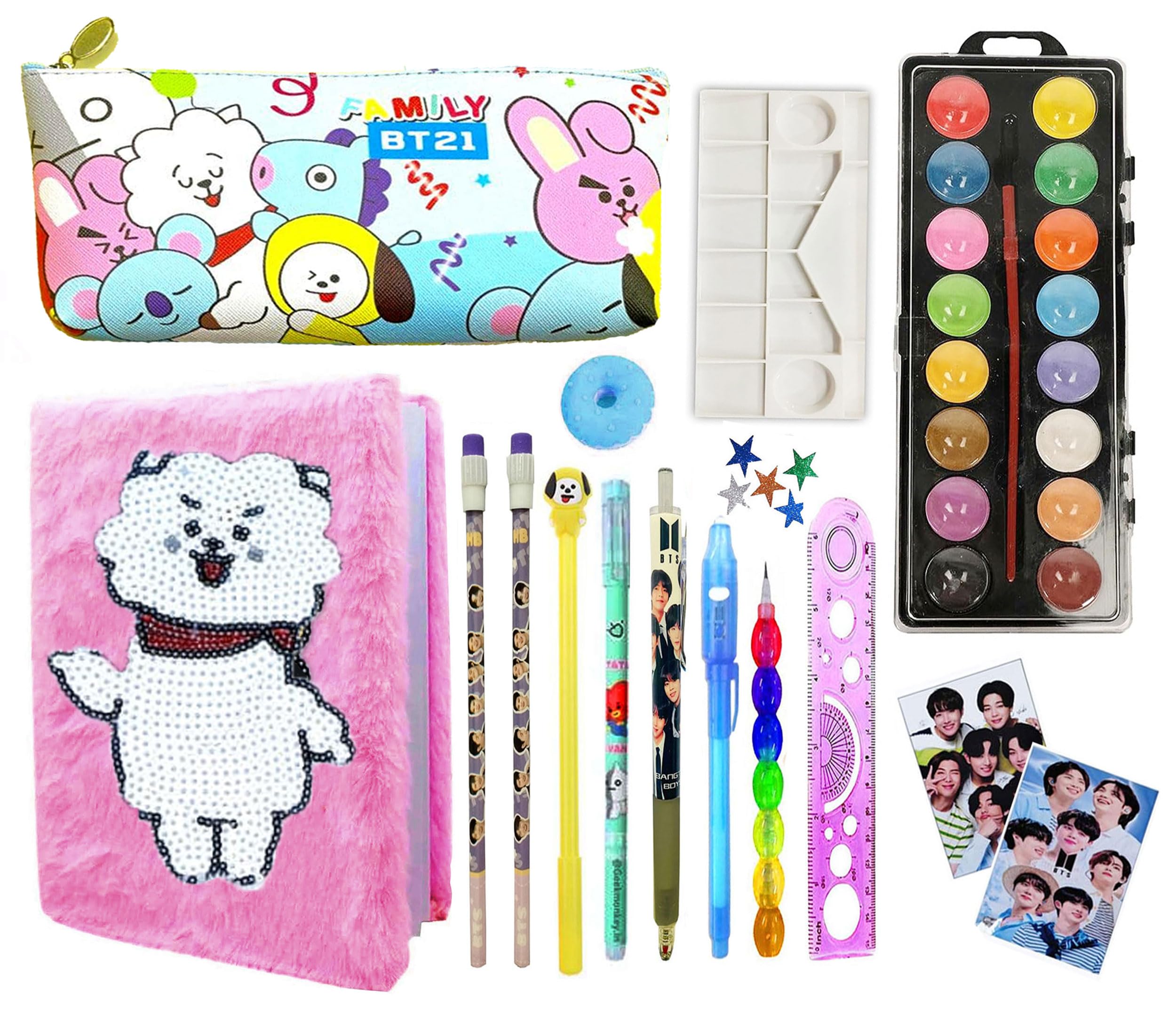 KOBBET® BTS Theme School Stationery Set for Kids, BTS A5 Size Fur Diary with Bt-21 Pencil Pouch Color with All BTS Stationery, Birthday Gift School Stationery Party Favor Return Gift Set (Style 6)