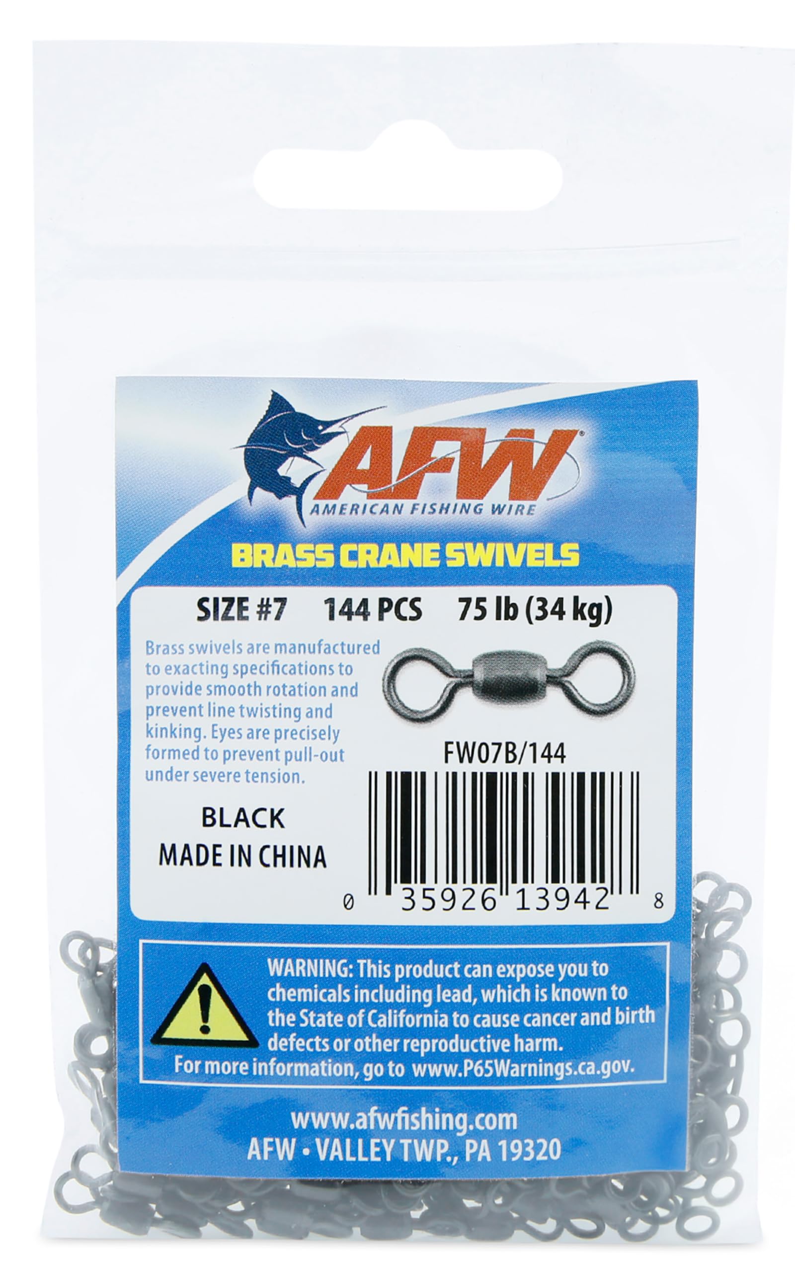 AFW Brass Crane Fishing Swivels Heavy Duty Barrel, #7 |75lb|144pcs|Black — image 1
