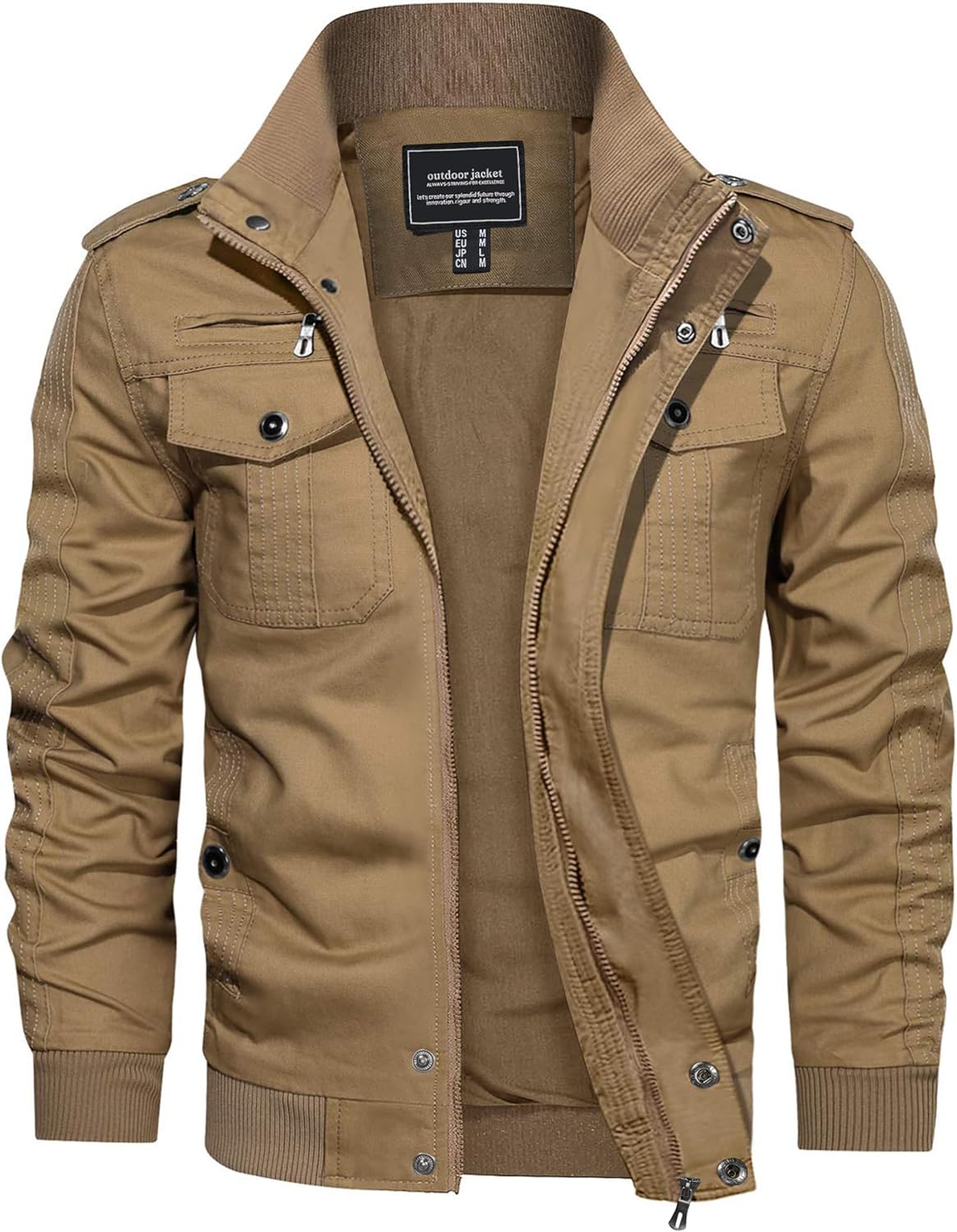 CRYSULLY Men's Cotton Military Jacket Lightweight Casual Windbreaker Stand Collar Bomber Jackets Coat with Multi Pockets