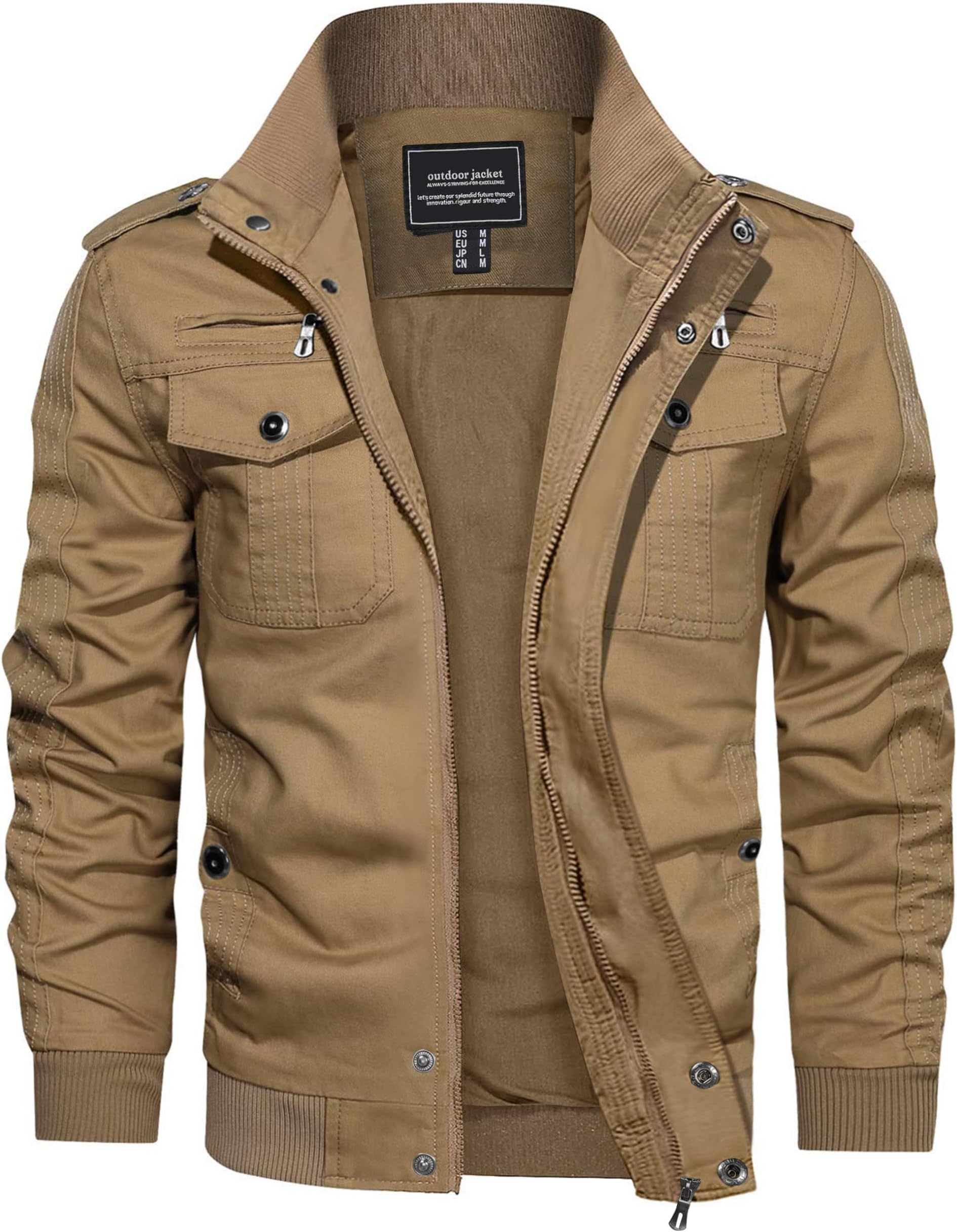 Men's Cotton Military Jacket Lightweight Casual Windbreaker Stand Collar Bomber Jackets Coat with Multi Pockets