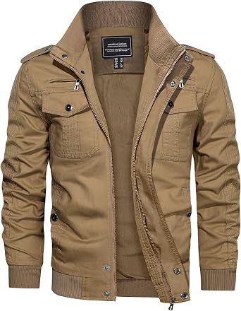 Mens Military Jacket Casual Windbreaker Coat with Multi Pockets | Cotton bomber jacket, zip closure with snap buttons, stand collar, ribbed knit cuffs and hem, multi tactical pockets