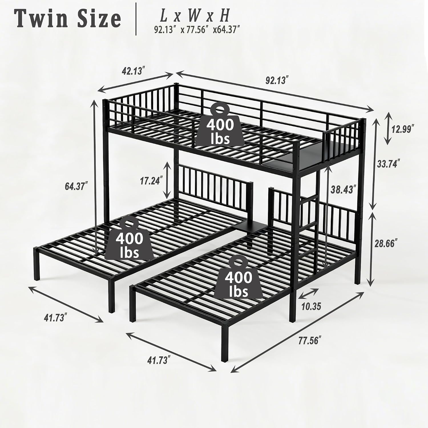 Bellemave Twin Triple Bunk Bed for Kids, Teens,Adults, Metal Twin XL Bunk Beds for 3, 3 bunk Bed for 3 Kids, Adults（Heavy Metal, Black）