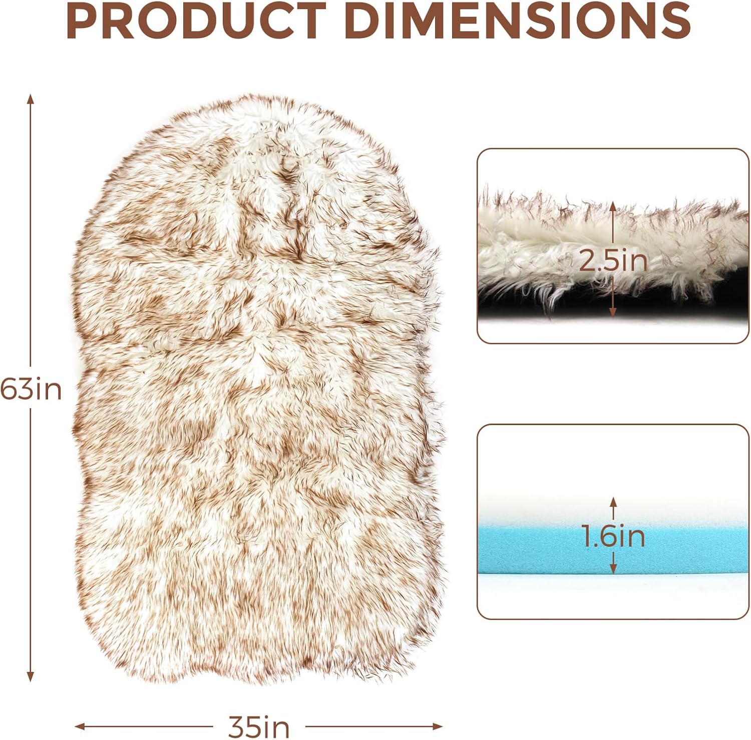 63 Inch Faux Fur Dog Bed​ for Large/Medium Dogs Orthopedic Beds with Fluffy Faux Fur & Soft Memory Foam for Joint Pain Relief, Machine Washable and Waterproof Dog Couch Beds White with Brown