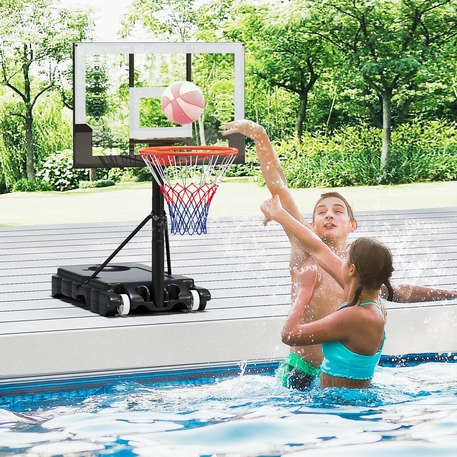 GYMAX Panier Basket Extérieur pour Enfants 3 Ans+, Hauteur 100 à 212 cm, Mobile avec 2 Roues, Base Stable Remplissable, Espace pour Rangement de Ball, Installation et Réglage Facile