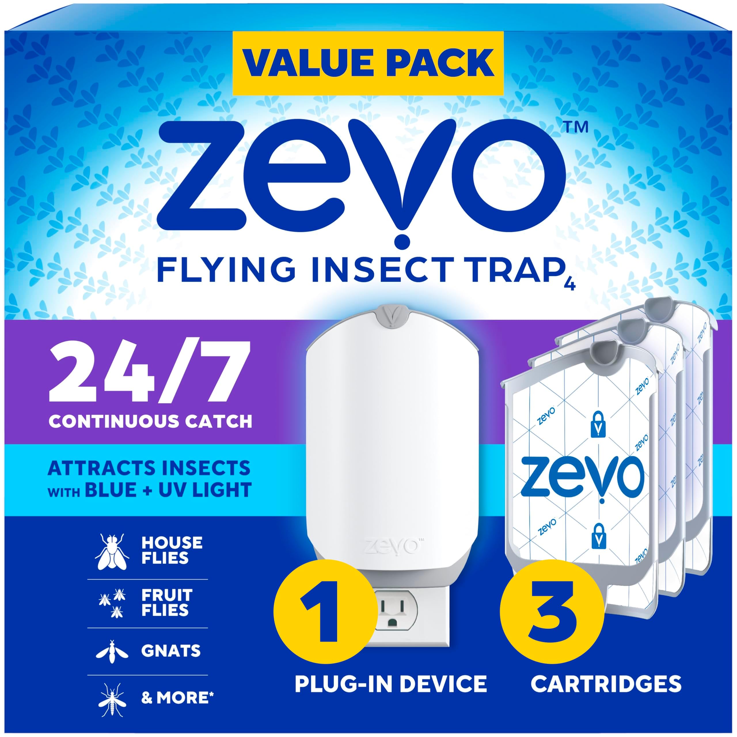 zevo flying insect trap amp 3 refill cartridges - plug in fly trap amp indoor bug catcher for gnats house amp fruit flies - blue amp uv light technology mess-free alternative to bug zapper
