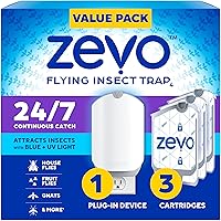 Zevo Flying Insect Trap with 3 Refills: Plug-in Fly Killer for Gnats, Fruit & House Flies - Blue UV Light, Mess-Free Bug Catcher