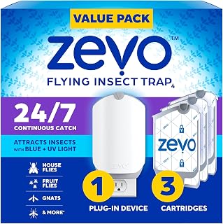 Zevo Flying Insect Trap with 3 Refills: Plug-in Fly Killer for Gnats, Fruit & House Flies - Blue UV Light, Mess-Free Bug Catcher