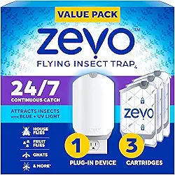 Zevo Armadilha de insetos voadores e 3 cartuchos de recarga - armadilha para moscas e coletor de insetos internos para mosquitos, casa e moscas de frutas - Tecnologia de luz azul e UV, alternativa sem