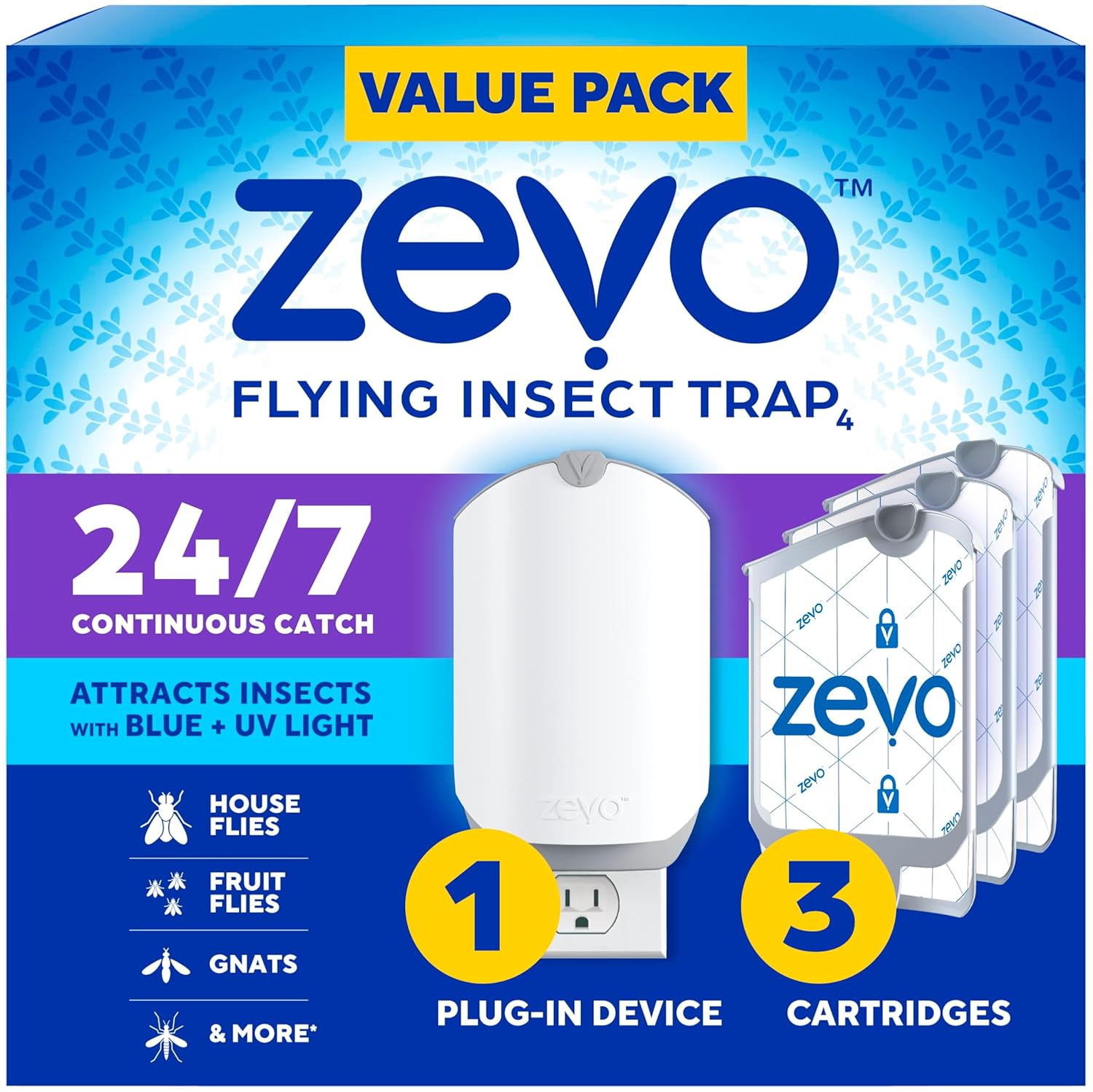 Zevo Flying Insect Trap 3 Refill Cartridges - Plug in Fly Trap Indoor Bug Catcher for Gnats House