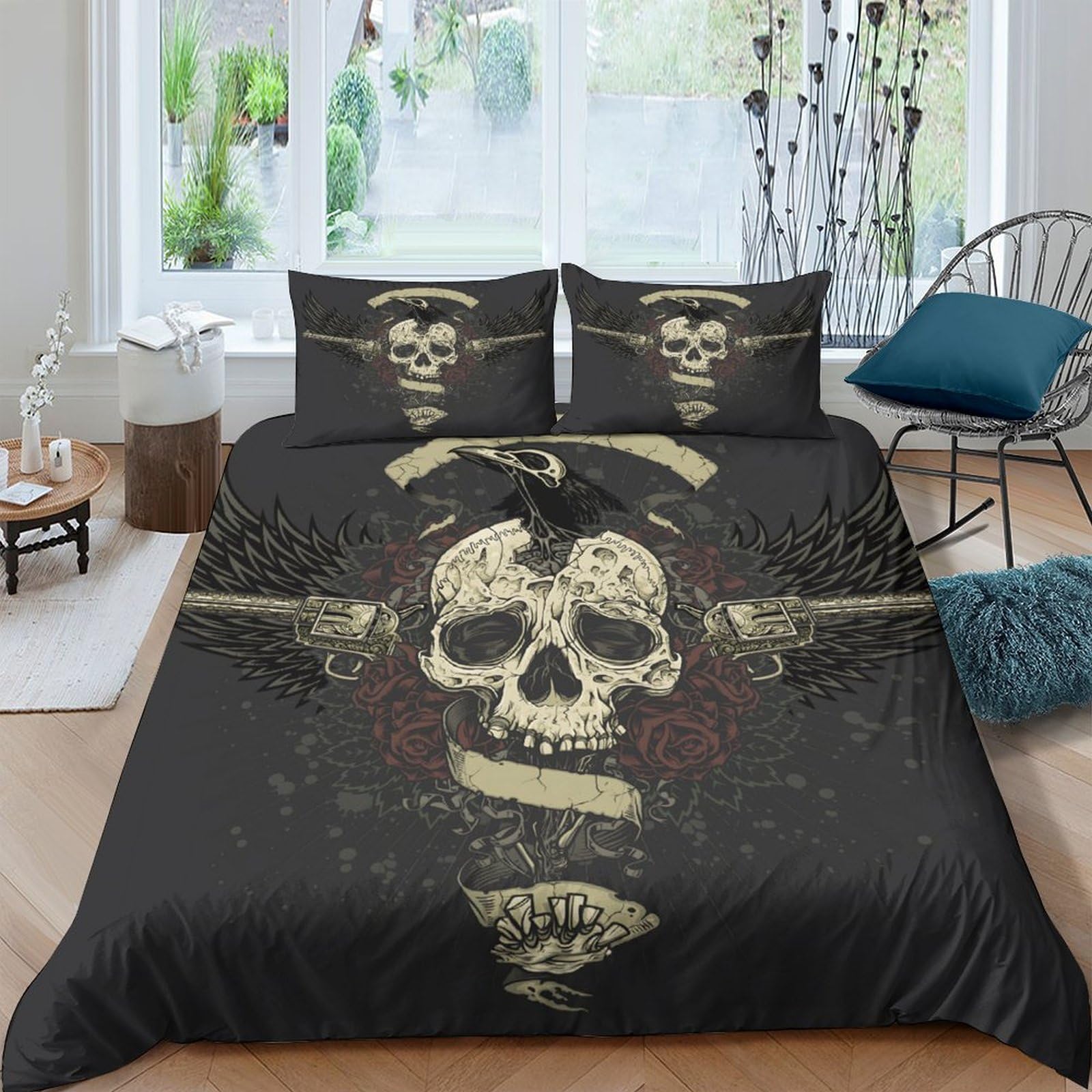 GPLZQXKJNH 3D Printed Skull Crossbones Duvet Cover Microfiber Soft Breathable Gothic Tattoo Bedding Set with 2 Pillowcases for Bedroom Decor Single（135x200cm）