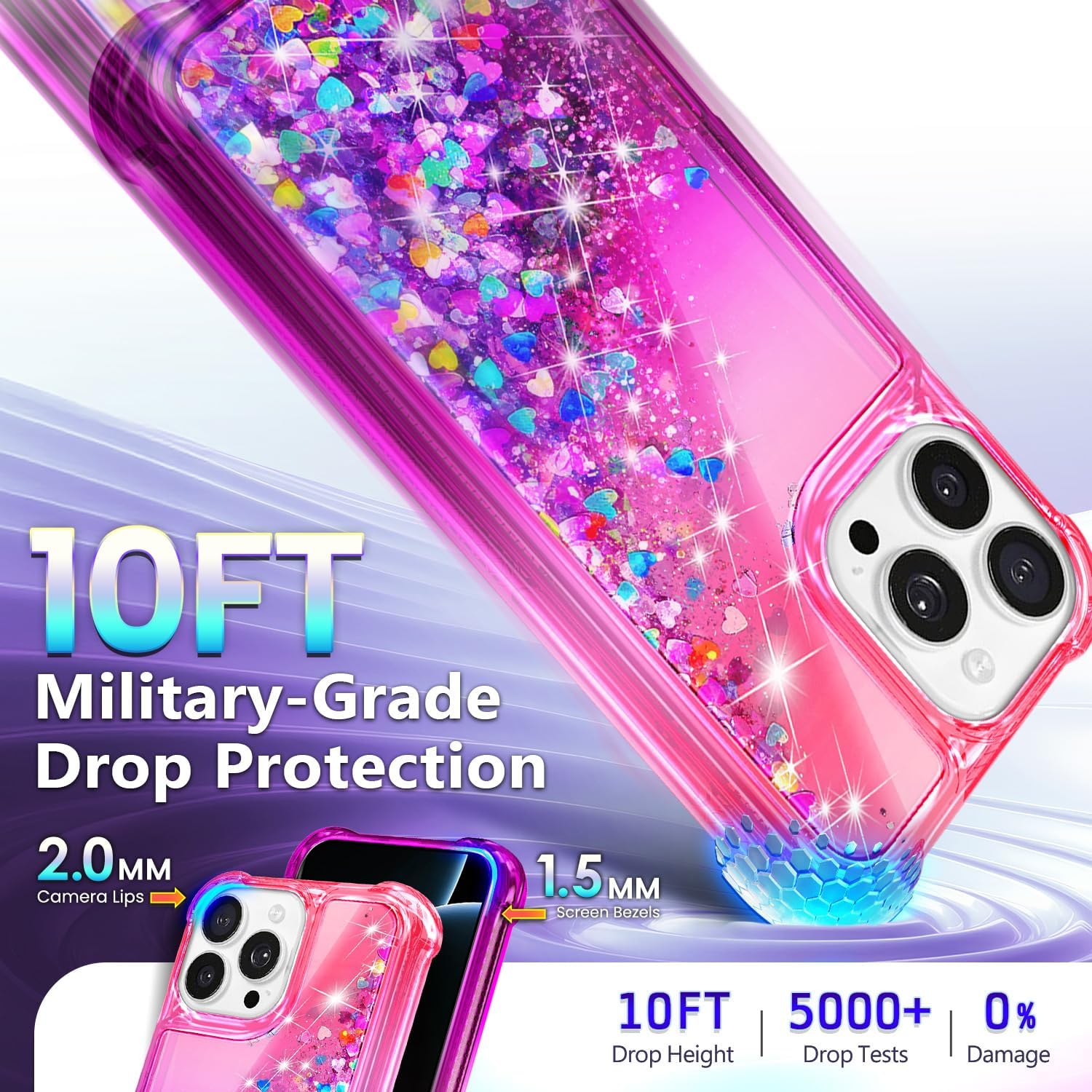 NGB Designed for iPhone 16 Pro-Max Case, Pink/Purple | Glitter Liquid Sparkle Cute Cover for Women Girls Kids | with Tempered Glass Screen Protector & Ring Holder & Wrist Strap - Image 5