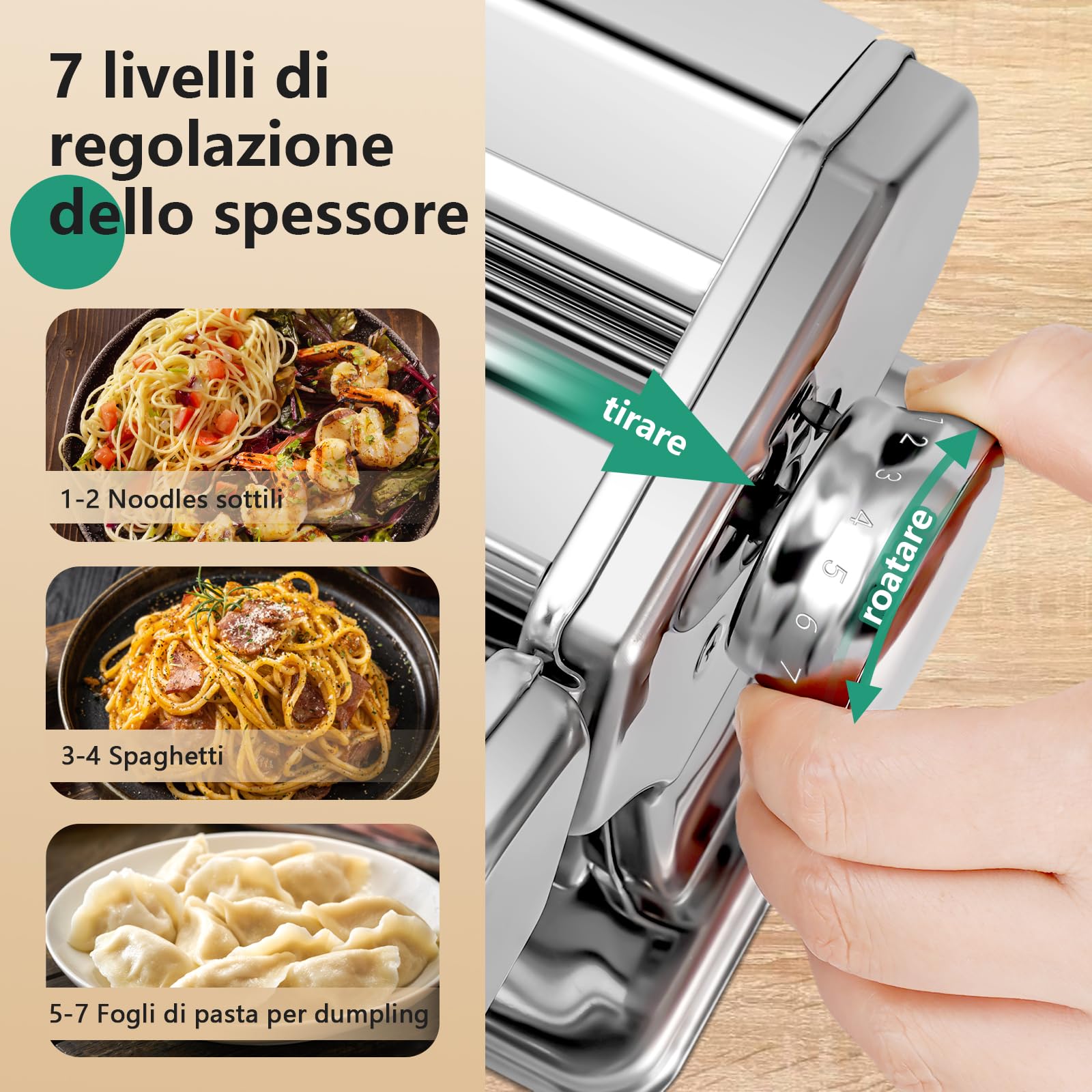 Macchina per la Pasta Manuale, Pasta Maker in Acciaio Inox con 7 Spessore Regolabili, Macchina per Pasta Fresca a Doppia Larghezza per Pasta, Spaghetti, Fettuccine, Lasagne