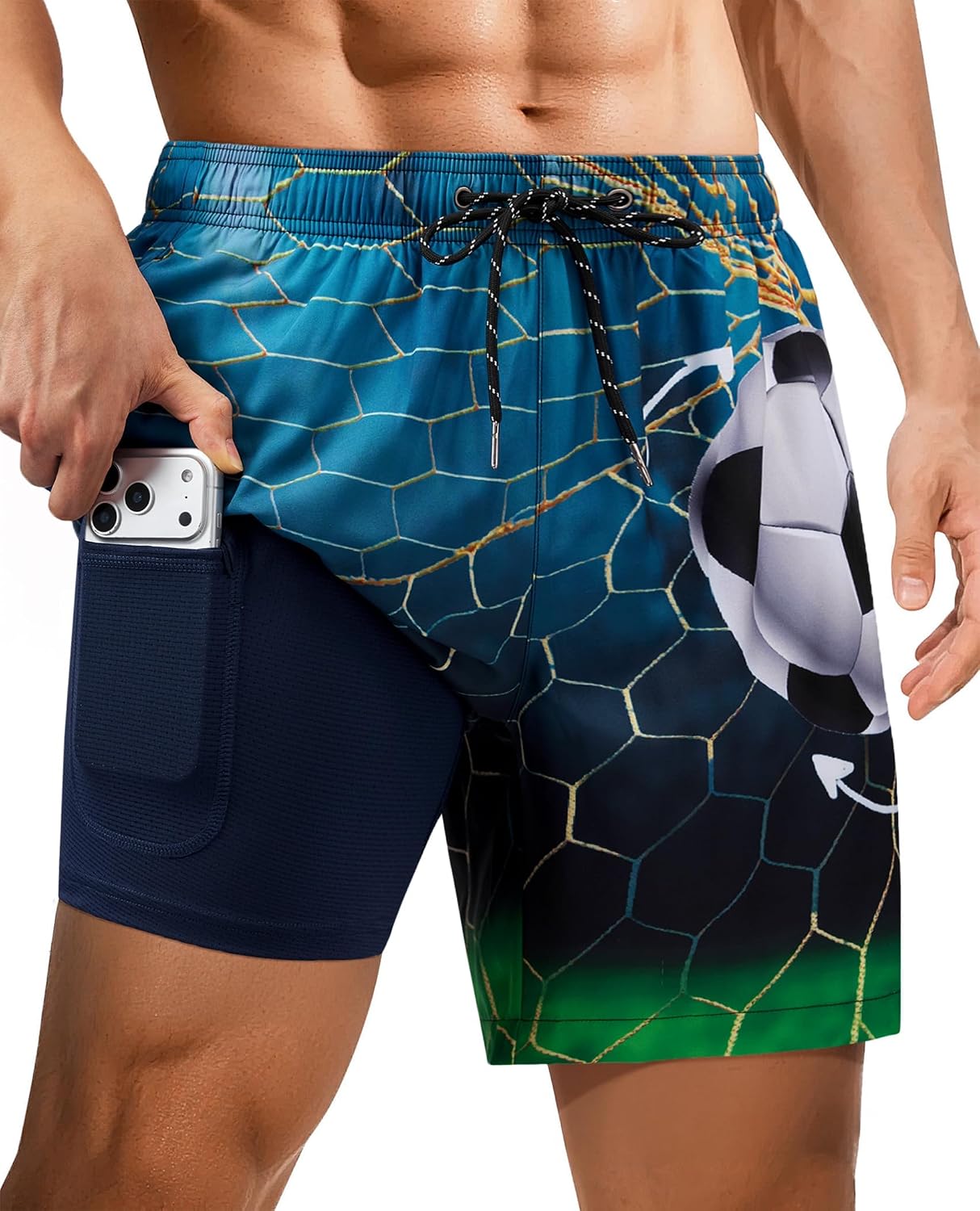 Gleeease 7inch Mens Swim Trunks: with Compression Liner Zipper Pocket Drawstring Quick Dry Stretch Lined 3D FunnyBeach Pool