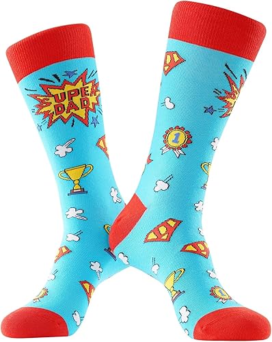 Super Dad Socks, Funny Dad Socks Gift for Father’s Day, Novelty Cotton Dress Socks for Men, Seamless Toe Breathable Crazy Socks for Dad Husband Grandpa, Size 8-12