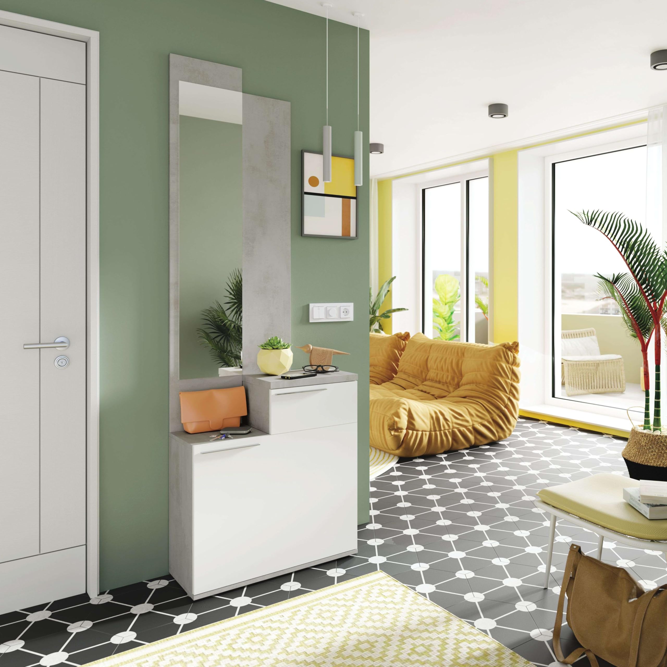 Habitdesign Recibidor Zapatero + Espejo, Modelo Karen, Acabado Cemento y Blanco Artik, Medidas: 185 cm (Alto) x 61 cm (Ancho) x 28 cm (Fondo)