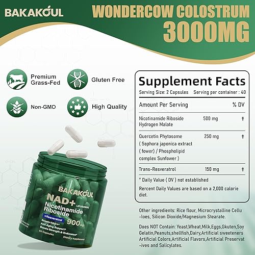 Miniatura 2 de Suplemento NAD  Ribosida de nicotinamida liposomal, resveratrol, quercetina, NAD nicotinamida ribósido resveratrol 900 mg, suplemento NAD+ para