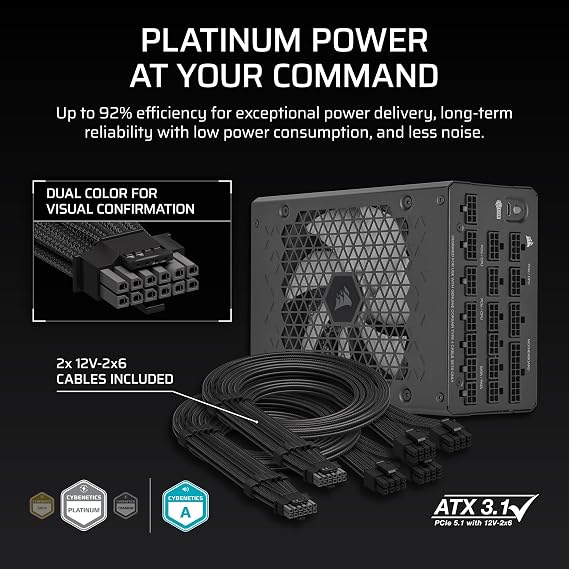 CORSAIR HX1200i (2025) Fully Modular Ultra-Low Noise ATX Power Supply with 12V-2x6 Cable ATX 3.1 & PCIe 5.1 Compliant, Cybenetics Platinum Efficiency, Fluid Dynamic Bearing Fan Black