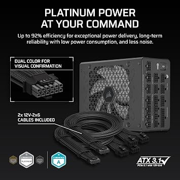 CORSAIR HX1200i (2025) Fully Modular Ultra-Low Noise ATX Power Supply with 12V-2x6 Cable ATX 3.1 & PCIe 5.1 Compliant, Cybenetics Platinum Efficiency, Fluid Dynamic Bearing Fan Black