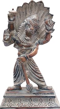 Exotic India Lord Vishnus Narasimha Avatara - Brass Statue - Color Antique Brown Color