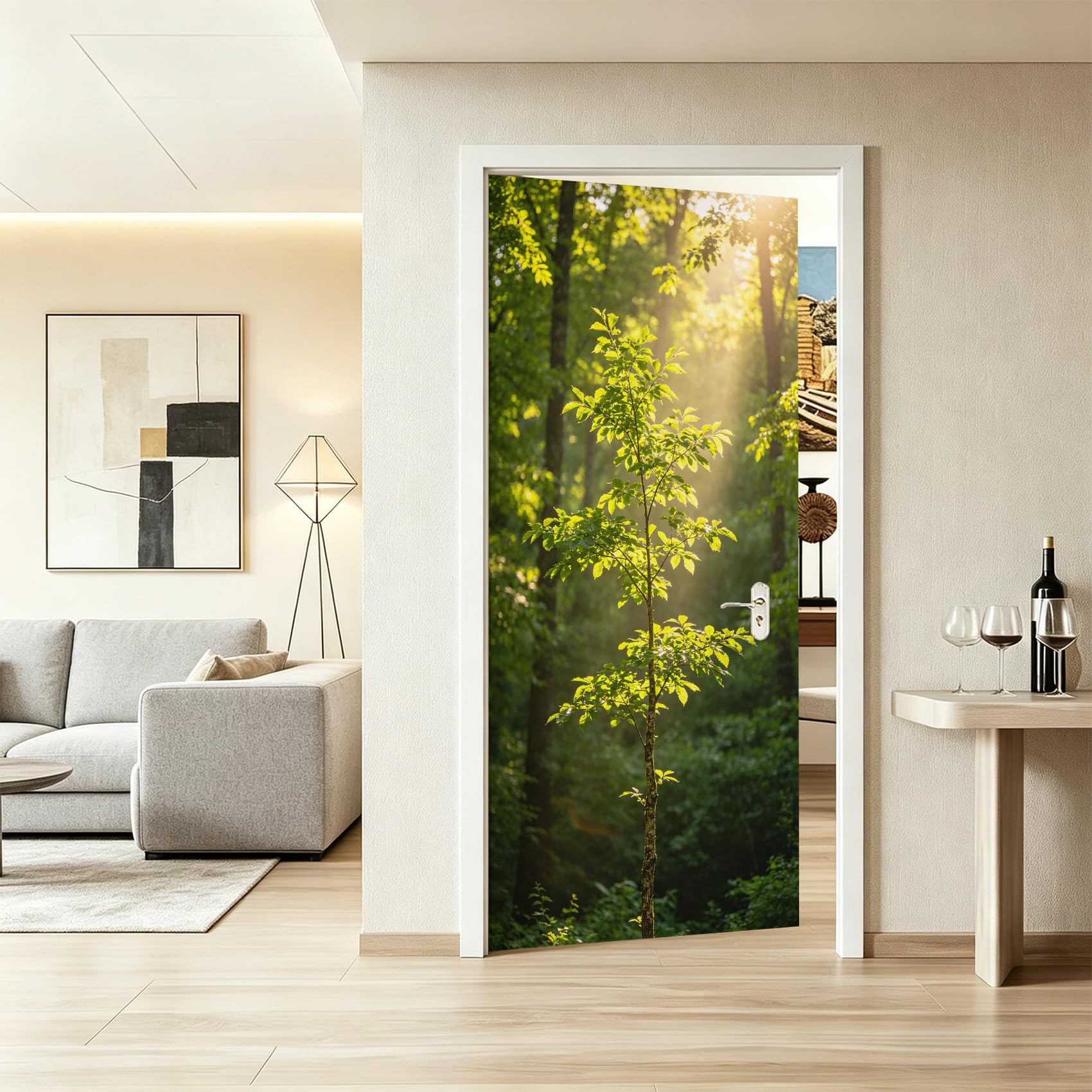 Stickers Porte 3D Nature Sticker Porte Trompe l'oeil Paysage Boisé Papier Peint Auto Adhésif, PVC Imperméable Poster Autocollants pour Salon Cuisine Chambre Salle de Bain 95 x 215 cm I455