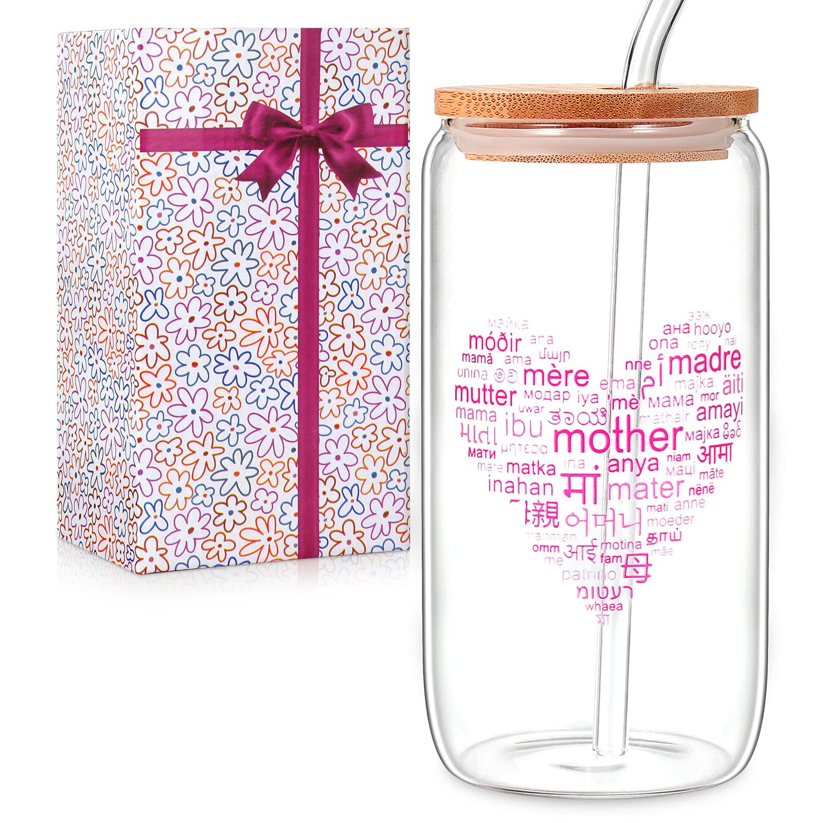 Mother's Day Gift - 16Oz Transparent Glass Coffee Cup Tumbler With Straw, Funny Mom Gift From Daughter or Son for Birthday, Thanksgiving, Christmas