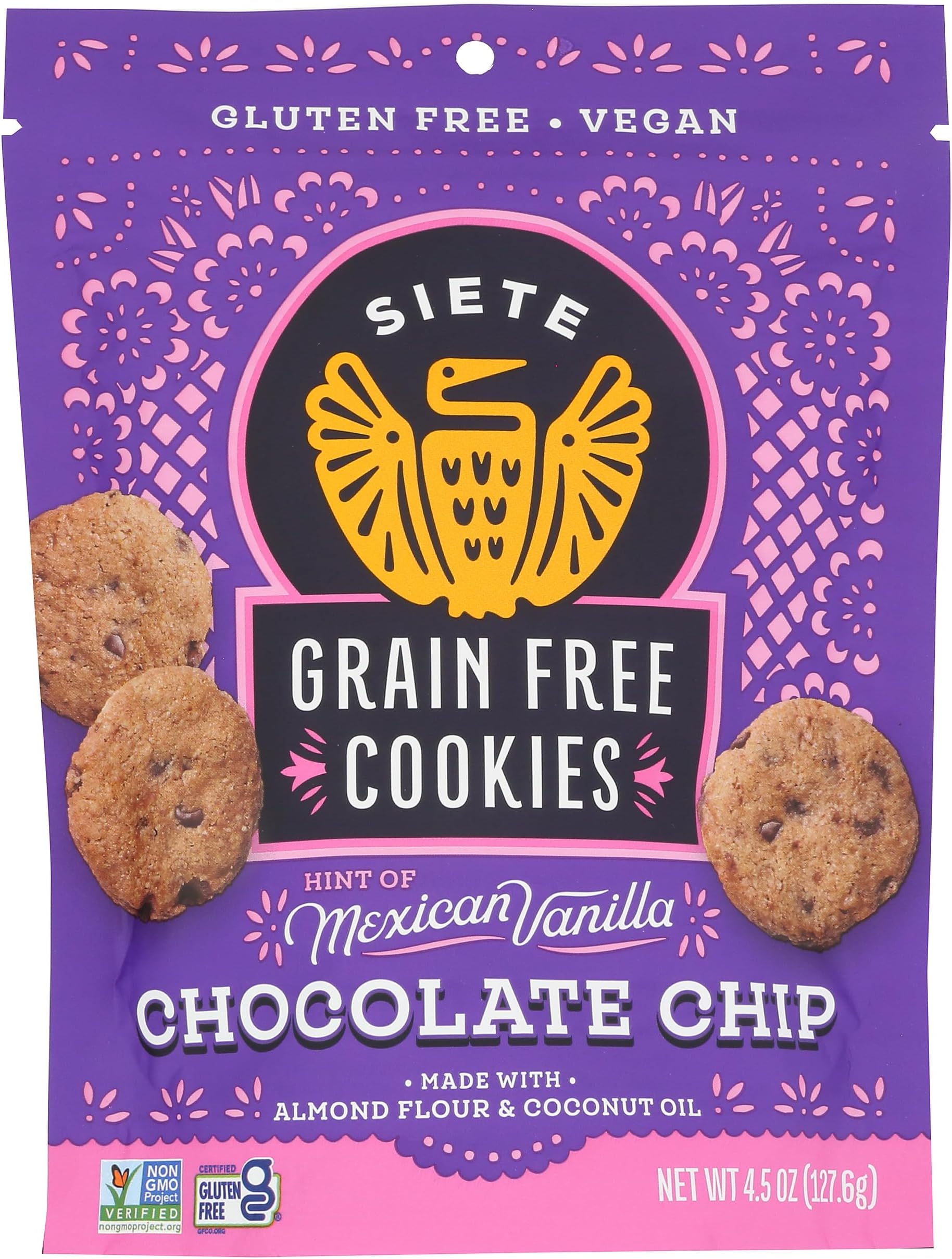 Siete Gluten Free Chocolate Chip Cookies w/ Hint of Mexican Vanilla | Vegan | Grain Free | Non GMO | Dairy Free | Made with Almond Flour & Coconut Oil | 4.5 Oz. Bag (Pack of 1)